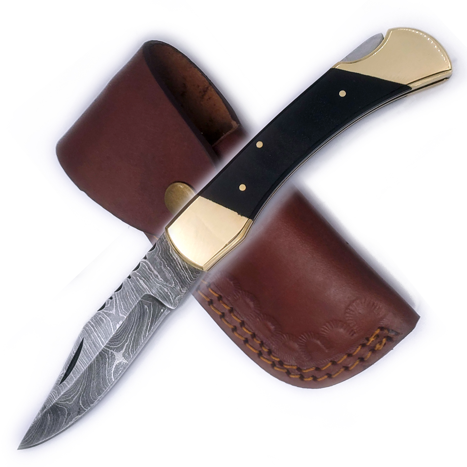 Red Deer 9 Inches Damascus Wood Handle Folding Knife